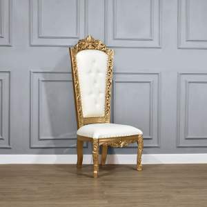 Louis XV Madeline Carved Chair - Gold Frame Upholstered in White Faux Leather