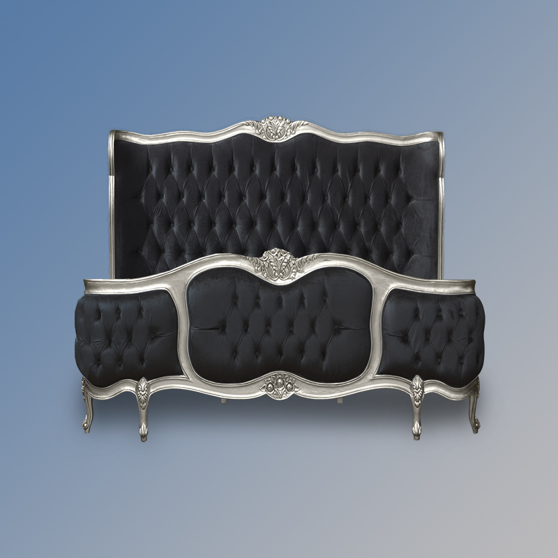 Louis Xv - Esmee Sleigh Bed in Silver Frame and Black Plush Velvet Upholstery - Image 2