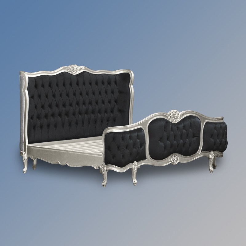 Louis Xv - Esmee Sleigh Bed in Silver Frame and Black Plush Velvet Upholstery - Image 3