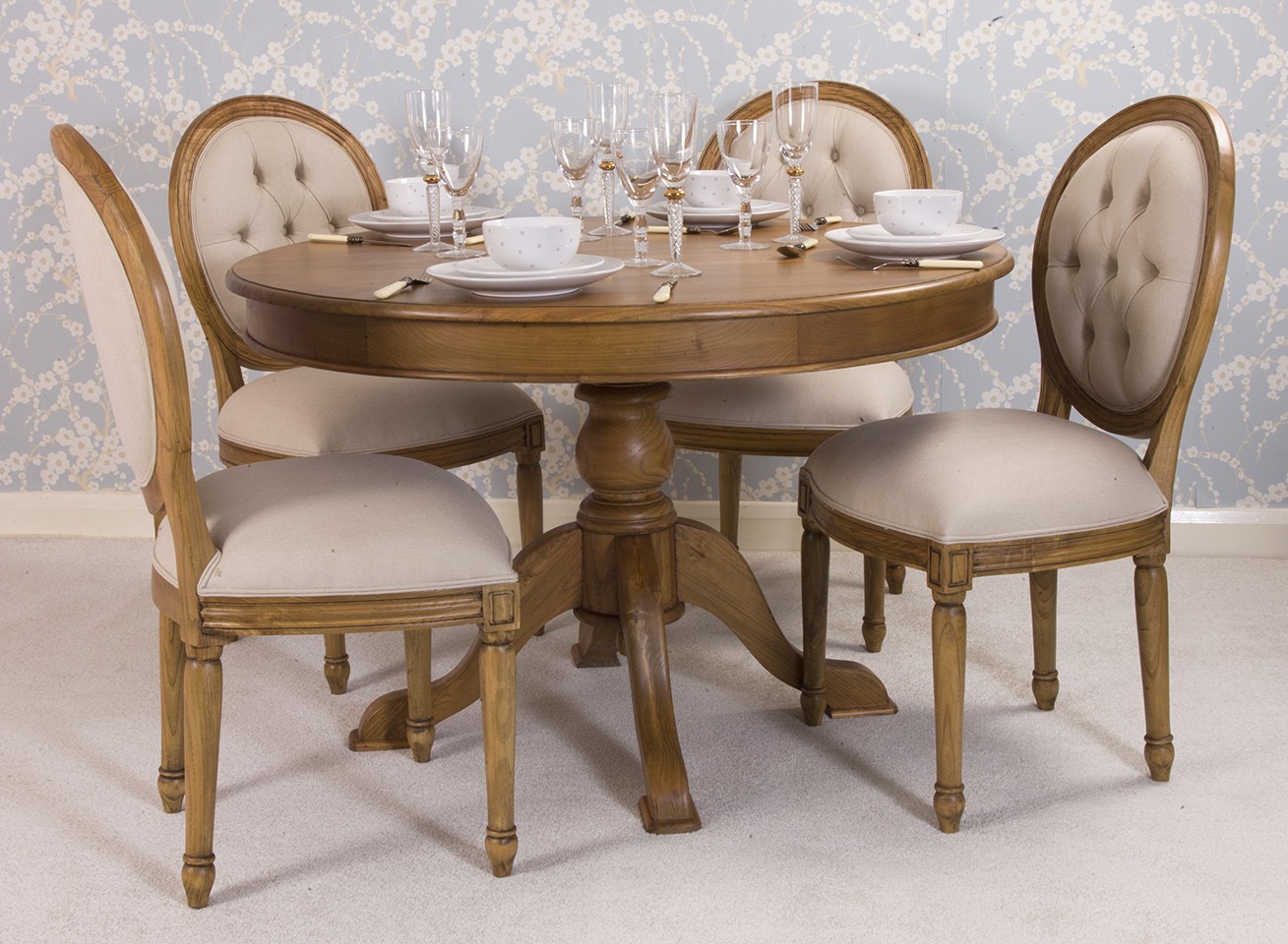 Louix XV Moulin Round Oak Table & 4 Oval Chairs
