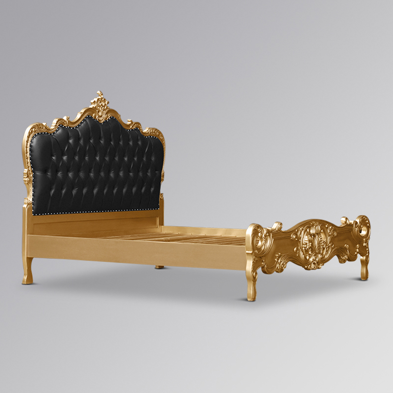 Louis XV Marguerite Sleigh Bed in Gold Leaf and Black Faux Leather Upholstery - Image 3