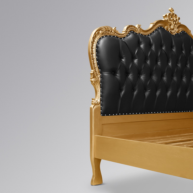 Louis XV Marguerite Sleigh Bed in Gold Leaf and Black Faux Leather Upholstery - Image 4