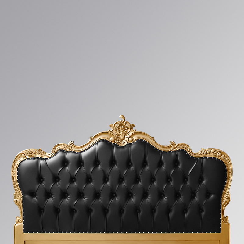 Louis XV Marguerite Sleigh Bed in Gold Leaf and Black Faux Leather Upholstery - Image 6