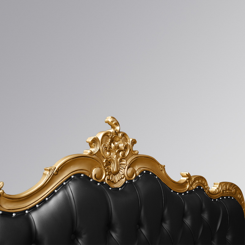 Louis XV Marguerite Sleigh Bed in Gold Leaf and Black Faux Leather Upholstery - Image 7