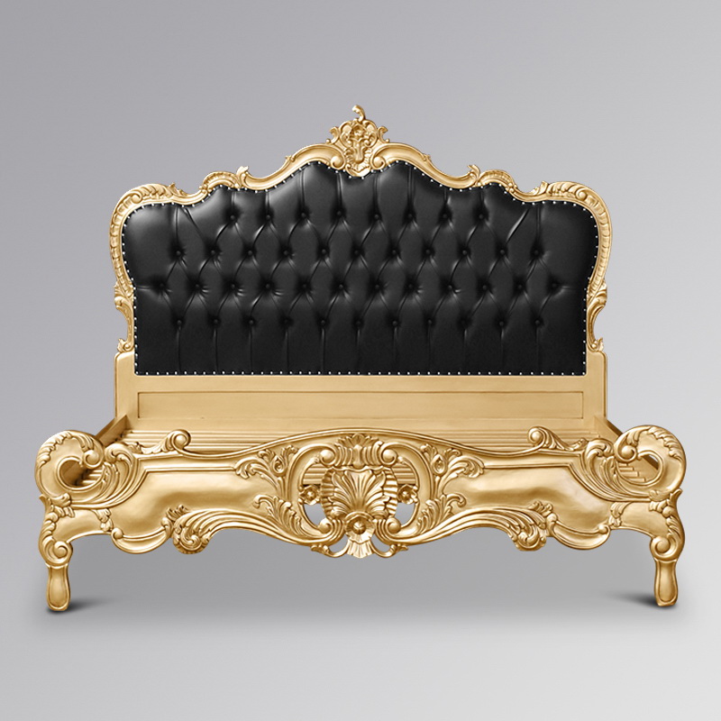 Louis XV Marguerite Sleigh Bed in Gold Leaf and Black Faux Leather Upholstery - Image 5