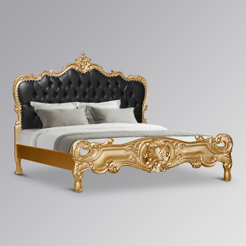 Louis XV Marguerite Sleigh Bed in Gold Leaf and Black Faux Leather Upholstery