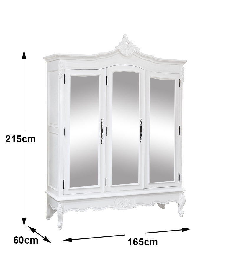 Louis XV Triple Armoire - 3 Mirrored Doors - French White - Image 12