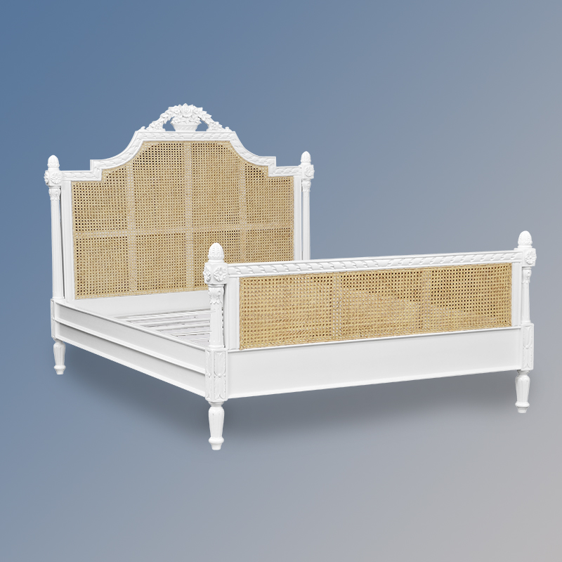 Louis XV Longchamp Sleigh Bed in French White and Natural Rattan