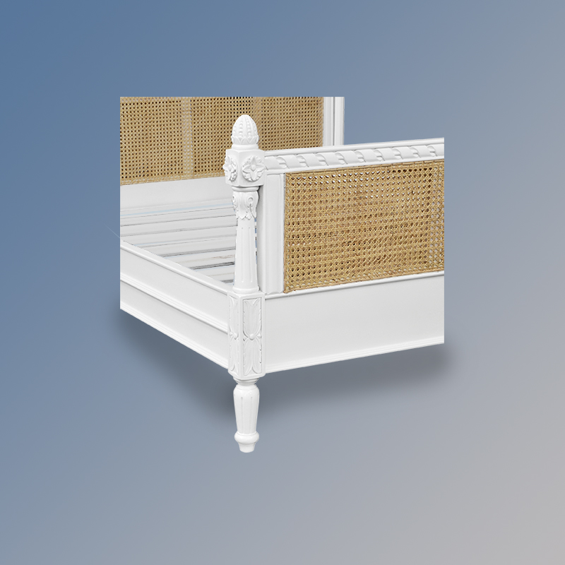 Louis XV Longchamp Sleigh Bed in French White and Natural Rattan - Image 4