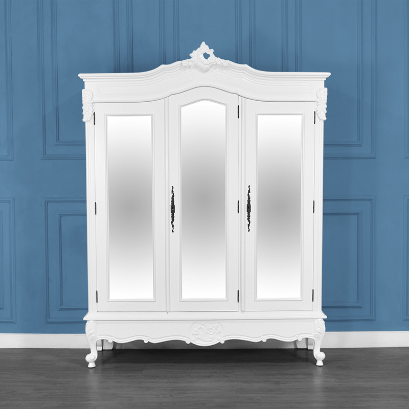Louis XV Triple Armoire - 3 Mirrored Doors - French White