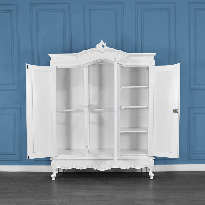 Louis XV Triple Armoire - 3 Mirrored Doors - French White - Image 3