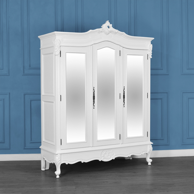 Louis XV Triple Armoire - 3 Mirrored Doors - French White - Image 2