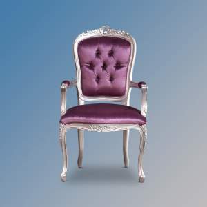 Louis XV Elise Armchair - Silver Frame with Fushia Velvet Upholstery