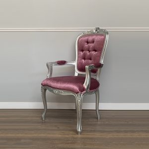 Louis XV Elise Armchair - Silver Frame with Fushia Velvet Upholstery