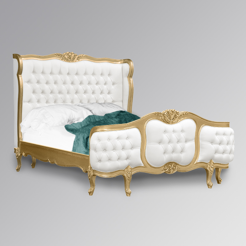Louis XV - Esmee Sleigh Bed in Gold Frame and White Twill Upholstery