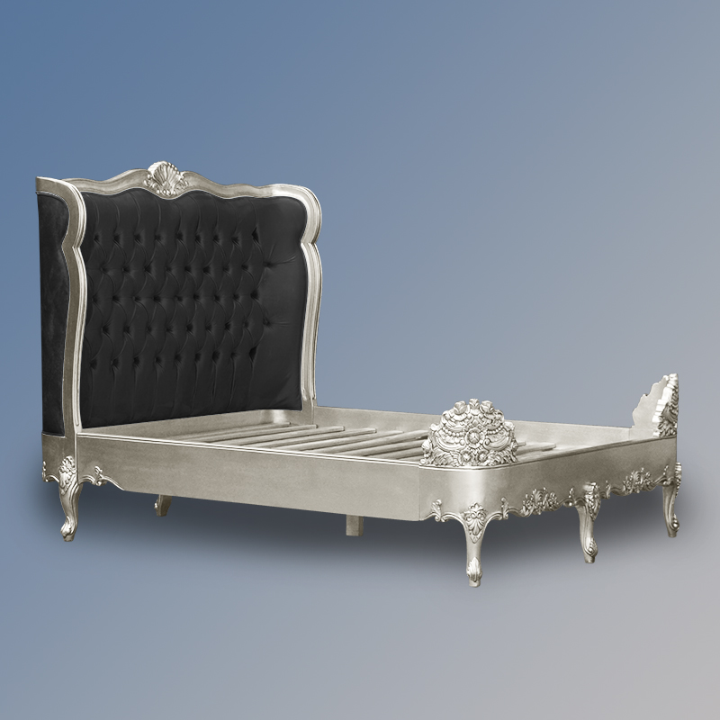Louis XV Estee Bed in Silver Leaf and Black Brushed Velvet Upholstery - Image 3