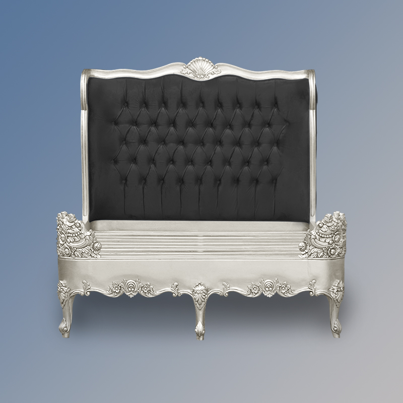 Louis XV Estee Bed in Silver Leaf and Black Brushed Velvet Upholstery - Image 2