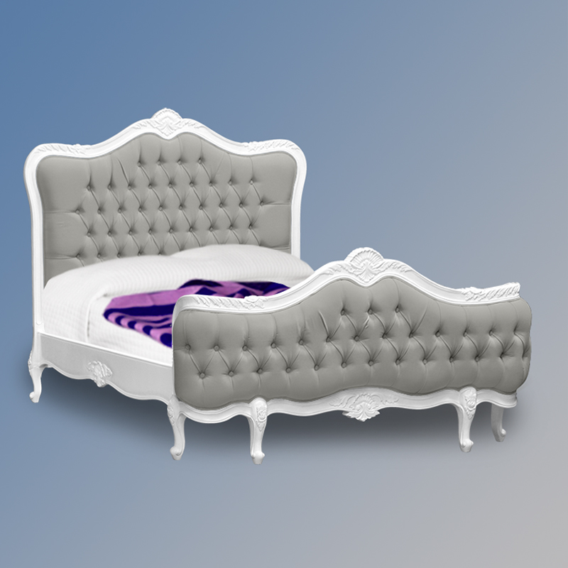 Louis XV - Montauban Sleigh Bed in French White and Grey Twill Upholstery