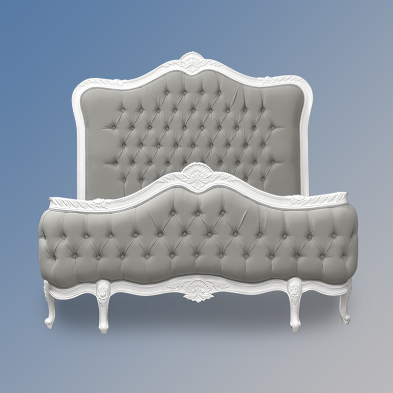 Louis XV - Montauban Sleigh Bed in French White and Grey Twill Upholstery - Image 3