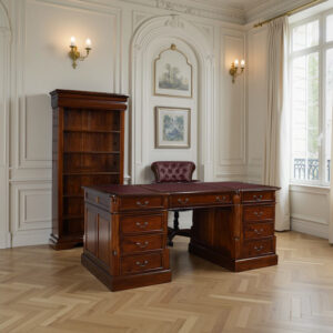 Partner Desk (Medium) in Chestnut and Oxblood Faux Leather (150cm)- All Drawers