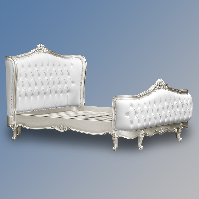 Louis XV - Violette Sleigh Bed in Silver Leaf Frame and White Faux Leather - Image 2