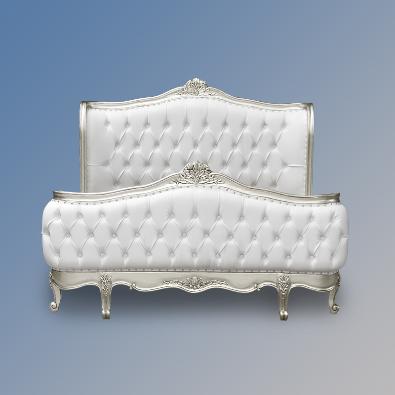 Louis XV - Violette Sleigh Bed in Silver Leaf Frame and White Faux Leather - Image 3