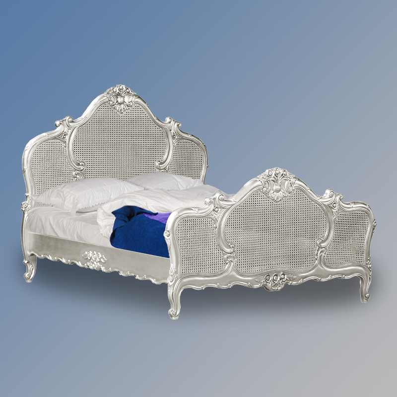 Louis XV Gabrielle Rattan Sleigh Bed in Silver Leaf
