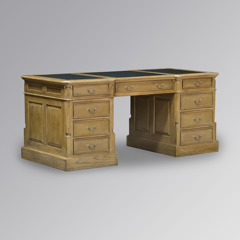 Partner Desk (Large) in French Oak and Green Faux Leather - All Drawers (180cm) - Image 3