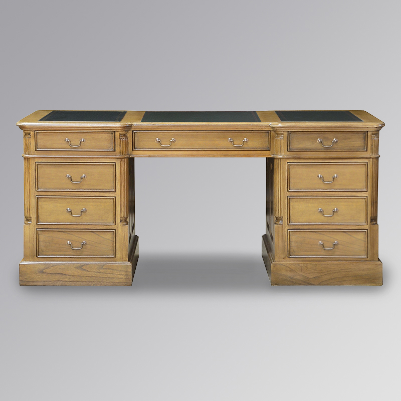 Partner Desk (Large) in French Oak and Green Faux Leather - All Drawers (180cm)