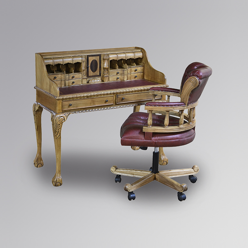 Chippendale Writing Bureau in French Oak and Oxblood Faux Leather - Image 4