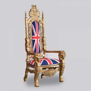 Throne Chair - Lion King - Gold Leaf Frame Upholstered in Union Jack Twill