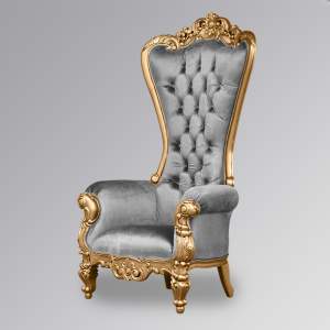 Throne Chair – Lazarus King - Gold Frame Upholstered in Grey Velvet